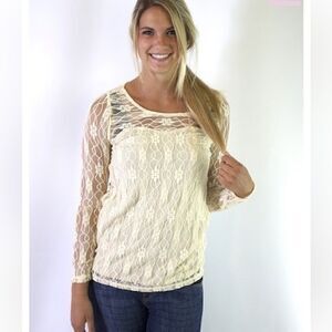 MYSTREE ivory Scoop Neck Lace long sleeved Top size L
